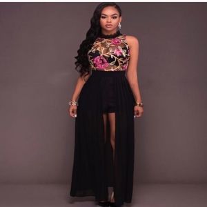 BLACK SHEER MESH CHIFFON ROMPER MAXI DRESS